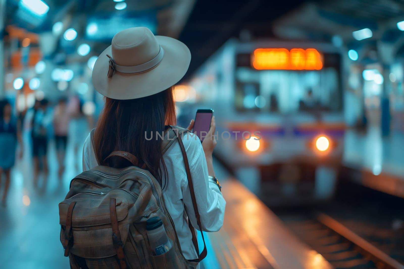 Sustainable tourism reduces global warming and saves money, traveling by train, using a smartphone to book travel tickets online, American female tourist carrying a backpack, waiting for the train at the station, Generative Ai