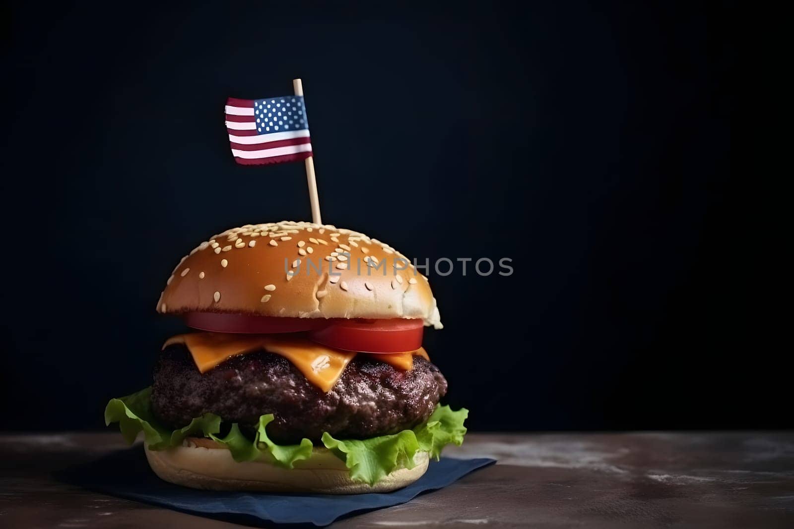 hamburger with small american flag on it, dark background, US patriotic proud theme. Neural network generated in May 2023. Not based on any actual scene or pattern.