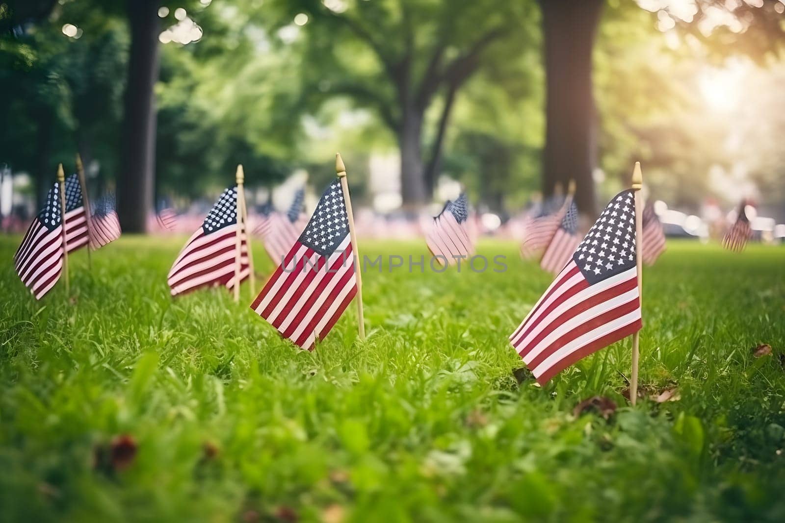 Memorial Day tribute. Many small American flags on a green lawn. Neural network generated in May 2023. Not based on any actual scene or pattern.