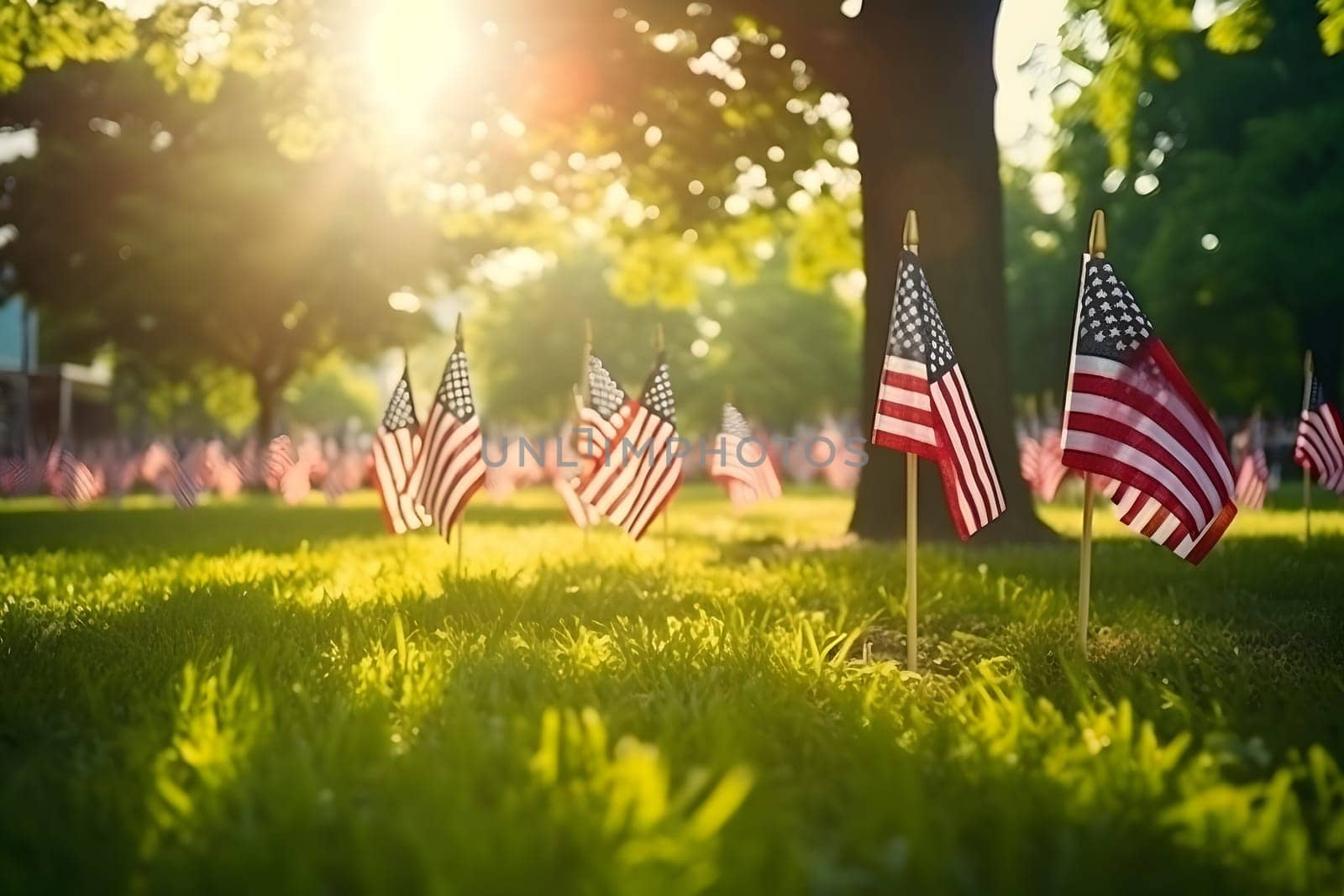 Memorial Day tribute. Many small American flags on a green lawn. Neural network generated in May 2023. Not based on any actual scene or pattern.