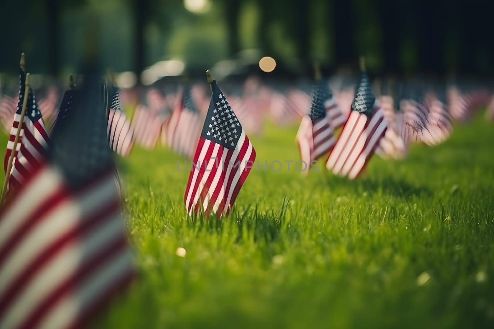 Memorial Day tribute. Many small American flags on a green lawn. Neural network generated in May 2023. Not based on any actual scene or pattern.