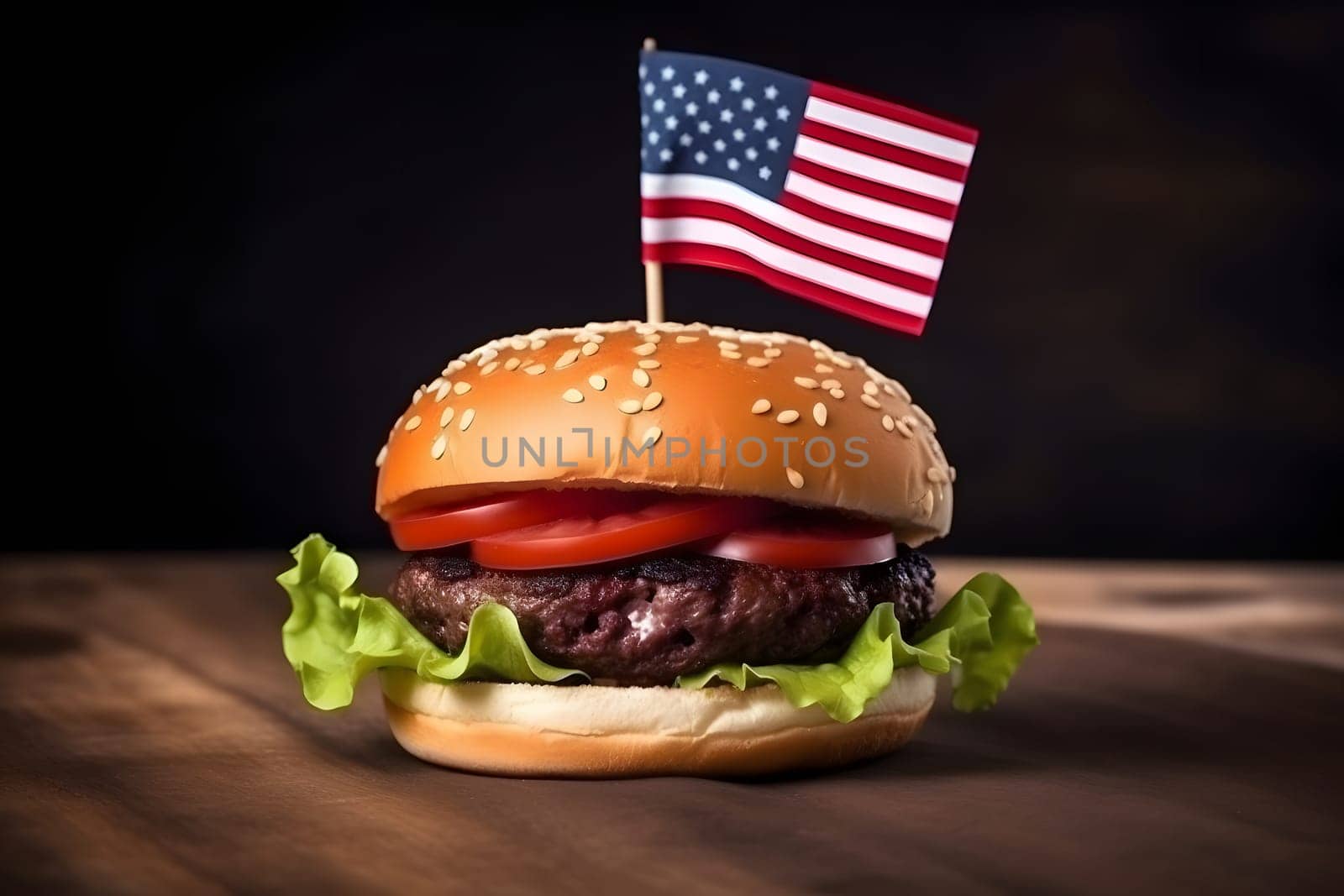 hamburger with small american flag on it, dark background, US patriotic proud theme. Neural network generated in May 2023. Not based on any actual scene or pattern.