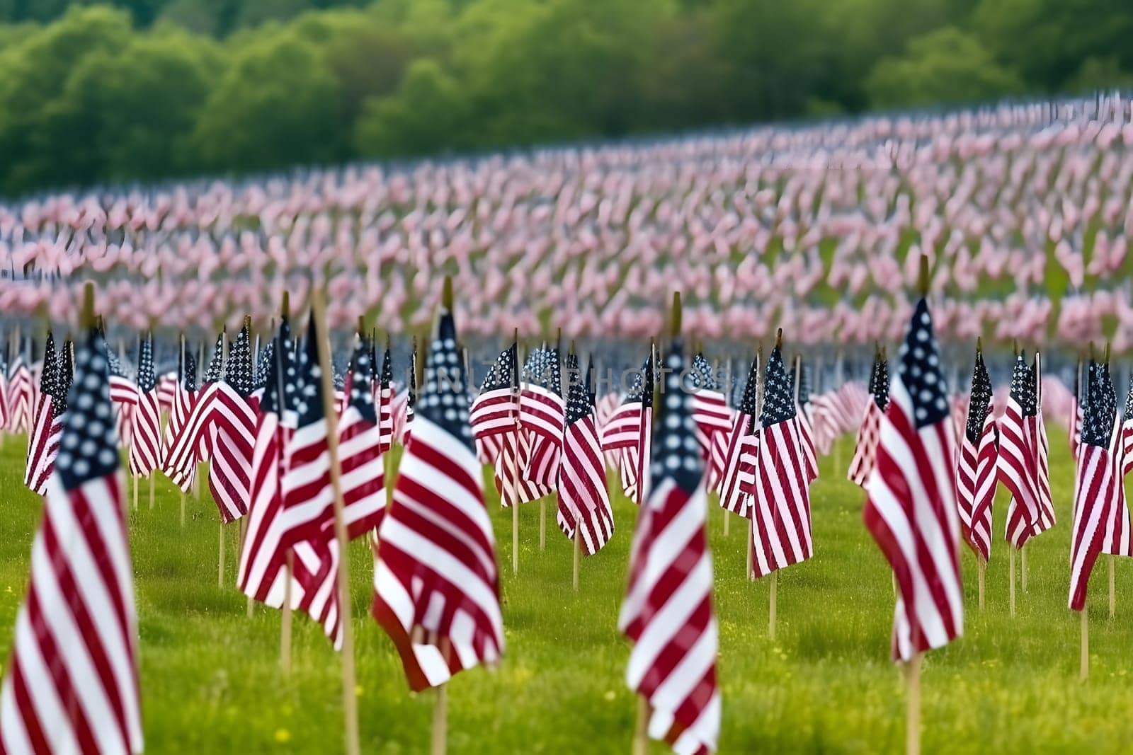 Memorial Day tribute. Many small American flags on a green lawn. Neural network generated in May 2023. Not based on any actual scene or pattern.