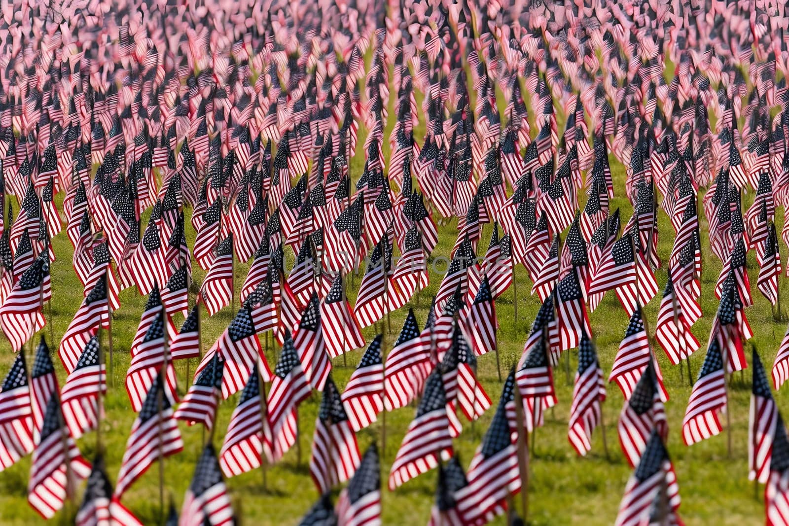 Memorial Day tribute. Many small American flags on a green lawn. Neural network generated in May 2023. Not based on any actual scene or pattern.