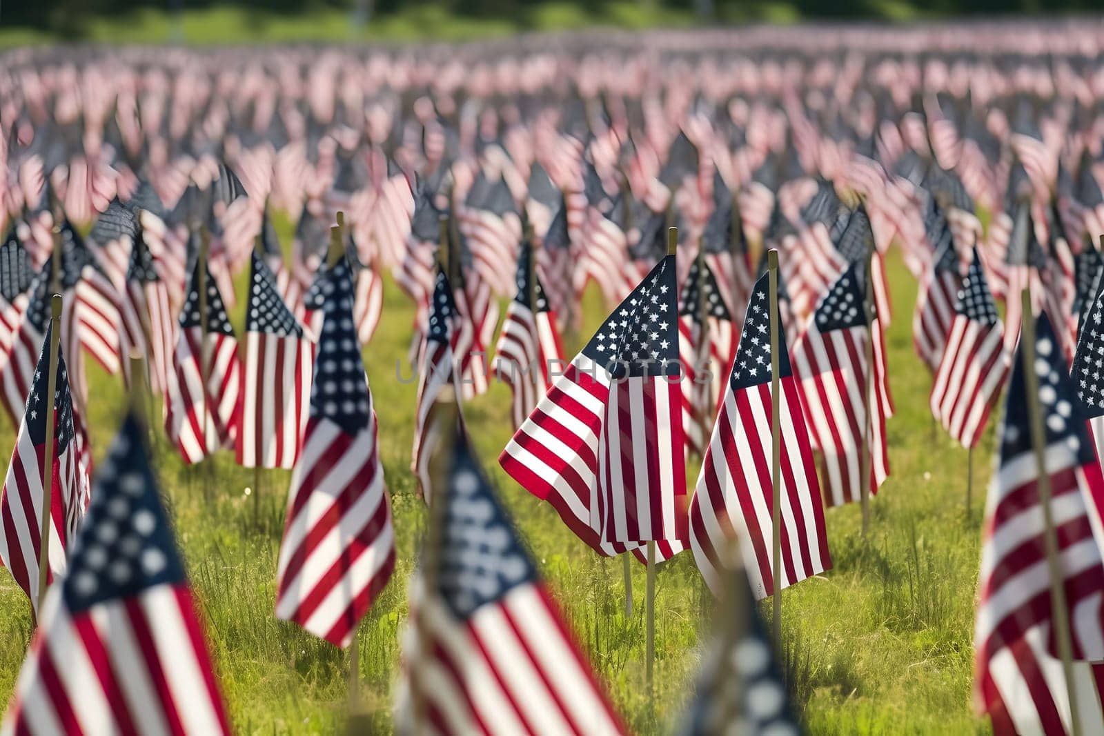 Memorial Day tribute. Many small American flags on a green lawn. Neural network generated in May 2023. Not based on any actual scene or pattern.