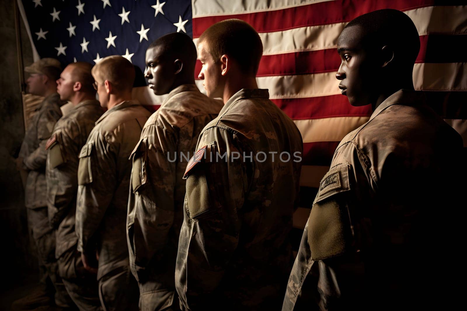 american soldiers and United States flag. Neural network generated in May 2023. Not based on any actual person, scene or pattern.
