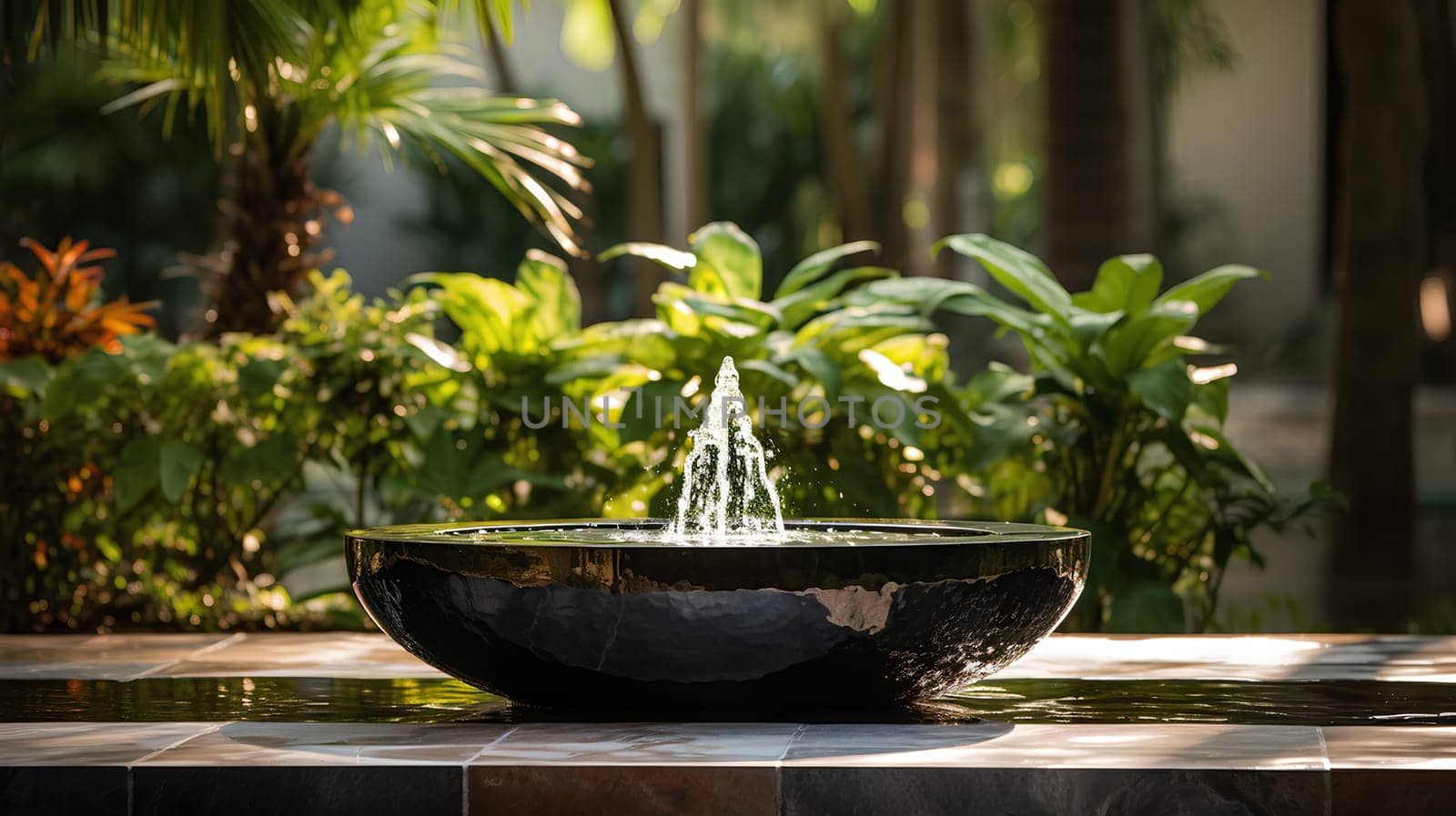 Illustration of water garden decoration in modern home. Surrounded by lush greenery represent the nature that is brought to the modern home. It can be an inspiration for designing a garden landscape.