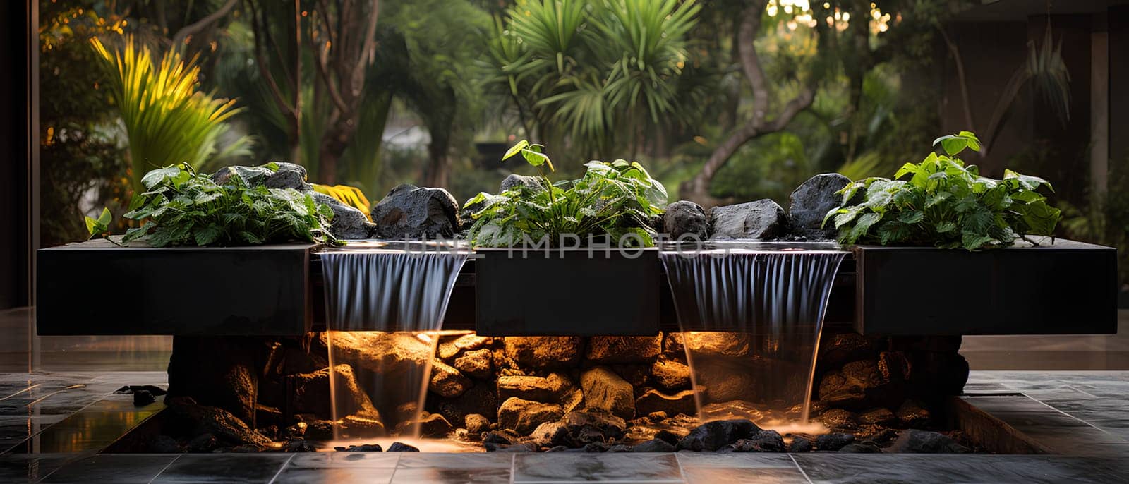 Illustration of water garden decoration in modern home. Surrounded by lush greenery represent the nature that is brought to the modern home. It can be an inspiration for designing a garden landscape.