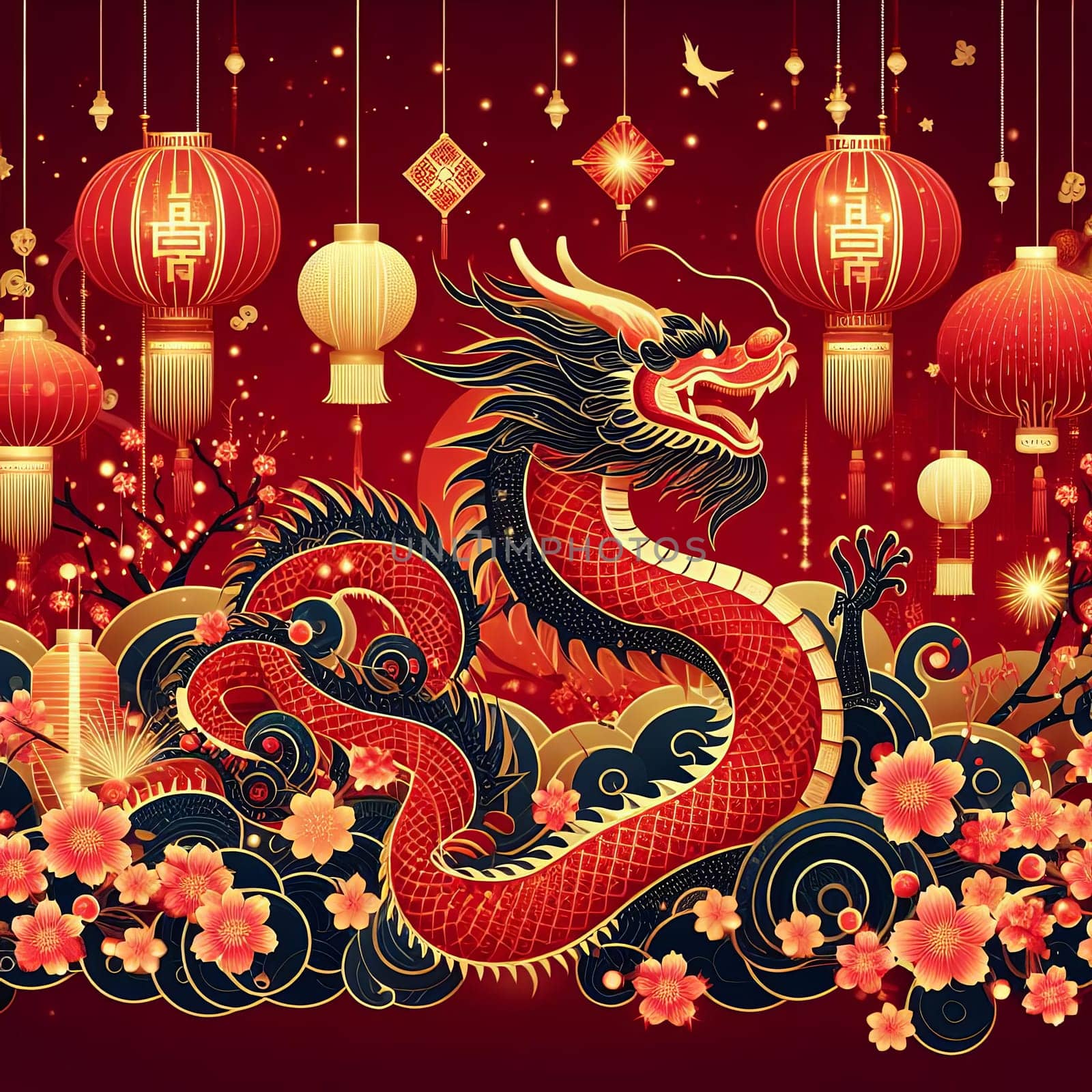 Year of the Dragon, Chinese New Year Festival, New Year Celebration. Generative AI.