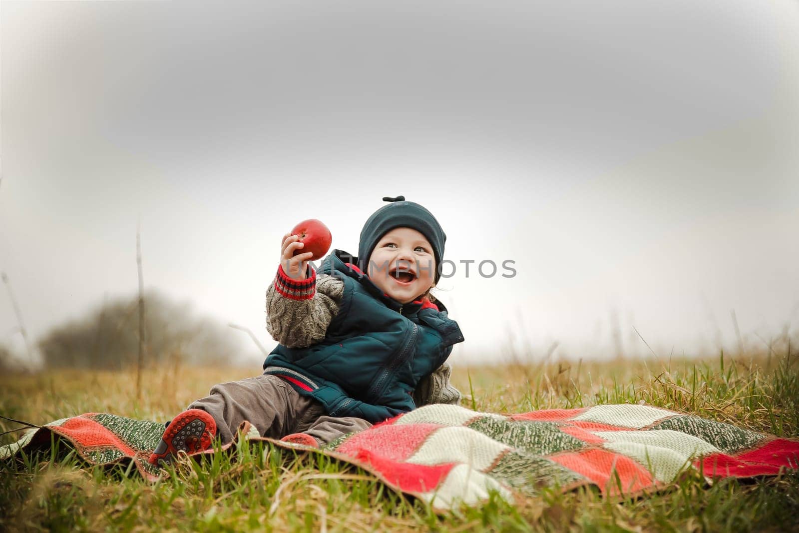 A little boy laughs at a picnic, holding a red apple in his hand close-up on an autumn day view from below