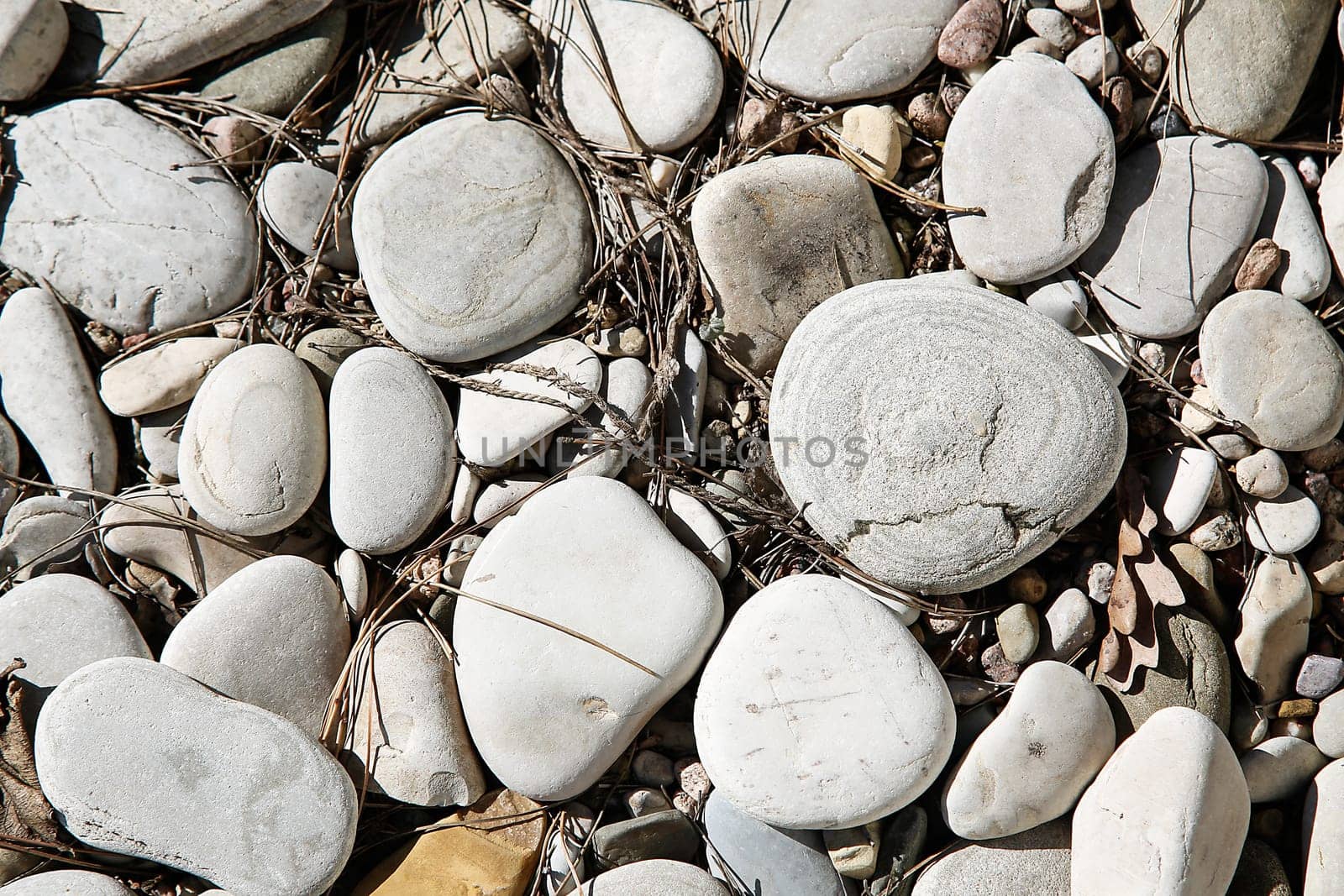 Sea pebbles of different shapes with small particles of dirt on the surface close-up on the street top view