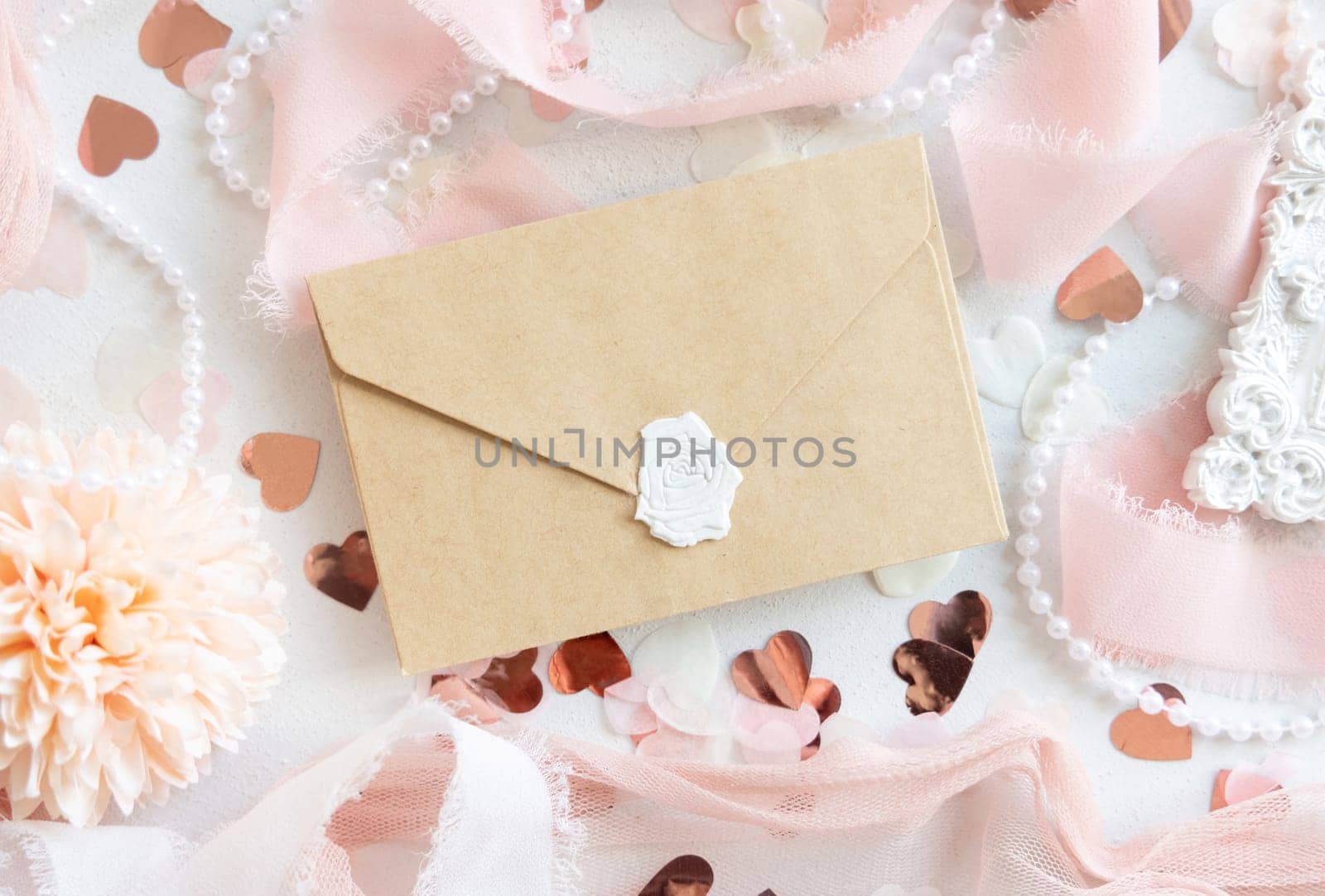Sealed envelope near pink decorations, hearts and silk ribbons on white table top view, mockup. Romantic scene with vertical blank card flat lay. Wedding, Valentines, Spring or Mothers day stationery