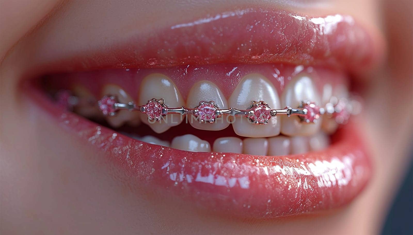 Orthodontic Dental Care Concept. Woman Healthy Smile close up. Closeup Ceramic and Metal Brackets on Teeth. Beautiful Female Smile with Braces. healthy teeth