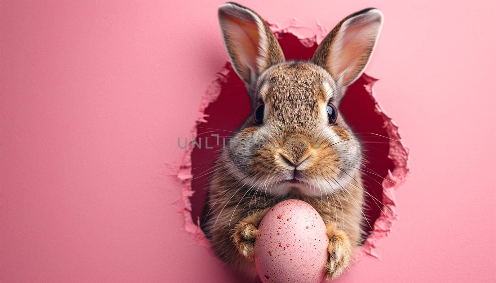Easter bunny or rabbit peeking out a hole holding a painted Easter egg, spring holiday greeting card, pink pastel color, minimailism Copy space pink and blue