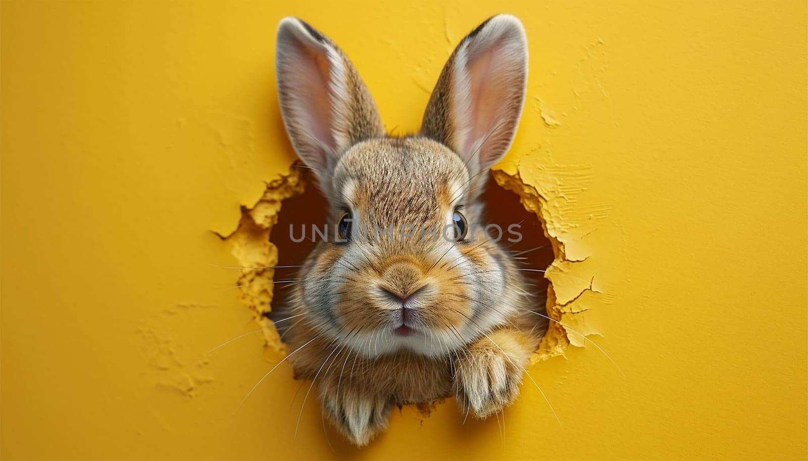Cartoon cute bunny looking out of a cut hole bright yellow background. illustration. Spring holiday and Easter background. Copy space Happy Easter funny