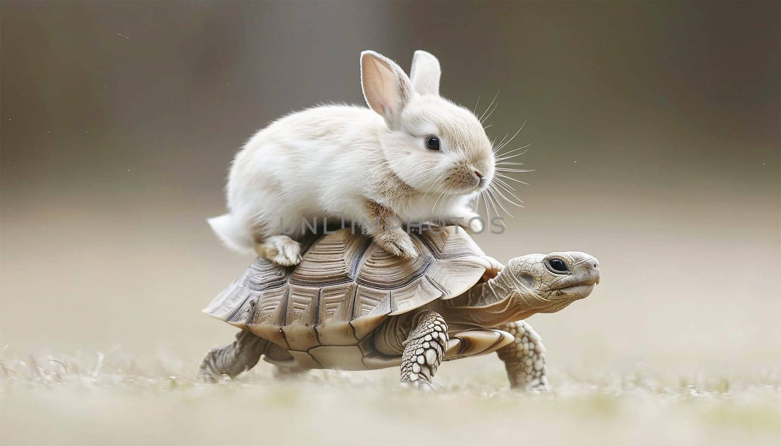 Rabbit sits on running turtle. while the tortoise runs slow the rabbit's fast run race the trees woodland fairy tale book the hare and the tortoise struggle story race Copy space space for text