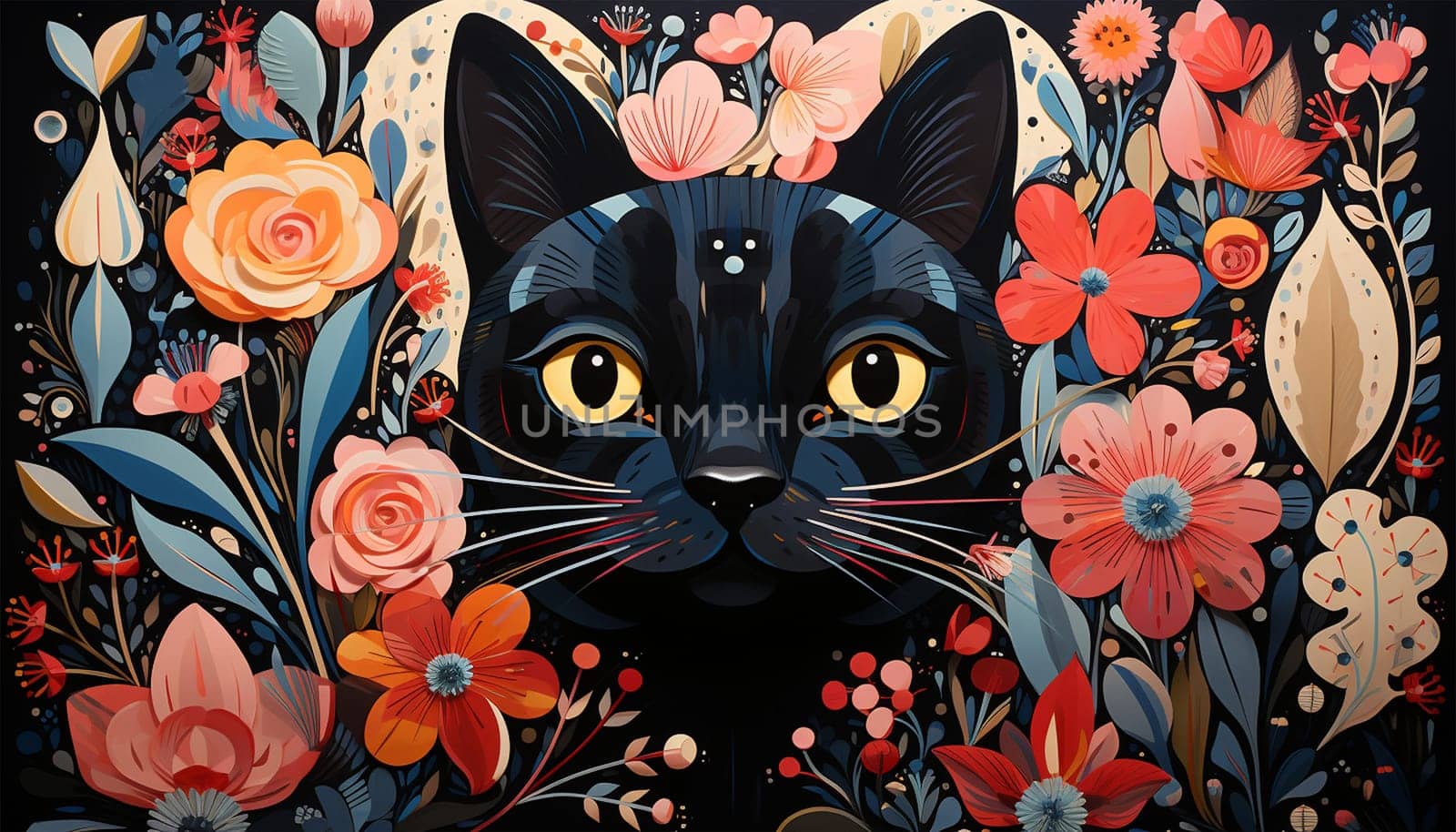 Pretty Cartoon With black cat and tropical flowers design background. Flat lay. Colorful spring flowers. Animal nature