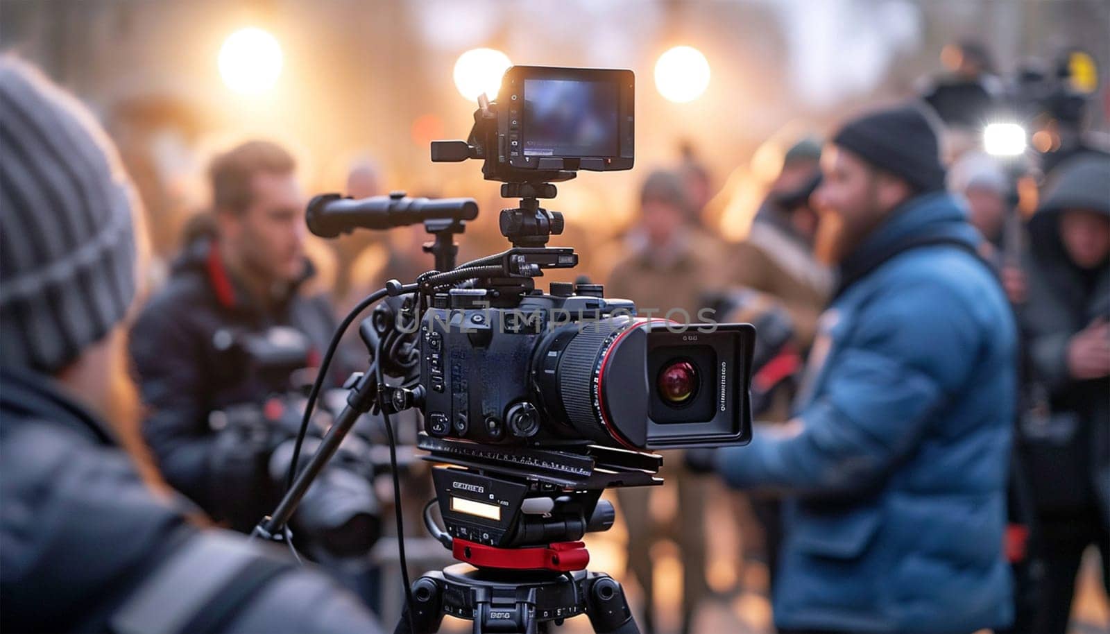 Proffesional crue at work in film studio. Director at work on the set. The director works with a group or with a playback while filming a movie, advertising, or a TV series. Shooting shift, equipment and group. Modern photography technique. Studio