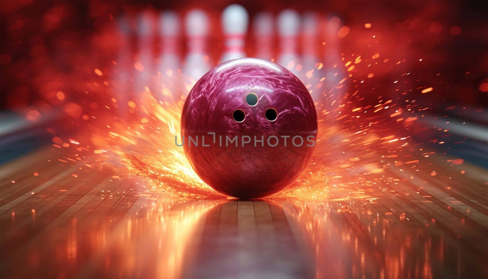 Bowling concept. Colorful Red Bowling Ball on wooden track crashing into the pins on bowling alley line. Illustration of bowling strike. Sport competition or Tournament. colorful