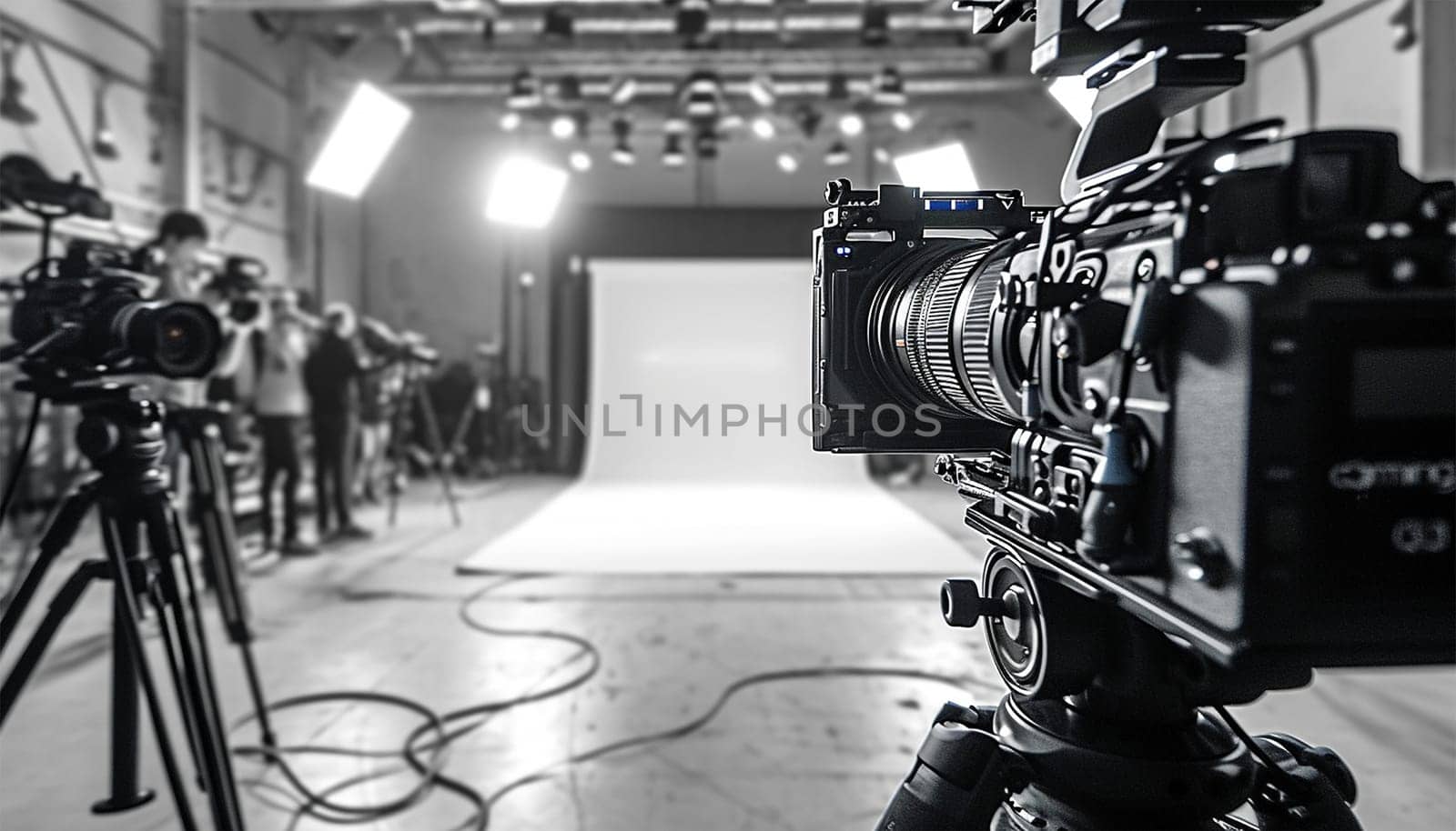 Proffesional crue at work in film studio. Director at work on the set. The director works with a group or with a playback while filming a movie, advertising, or a TV series. Shooting shift, equipment and group. Modern photography technique. Studio