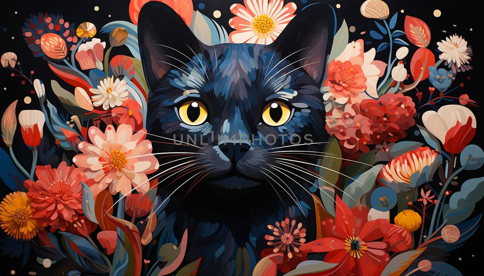 Pretty Cartoon With black cat and tropical flowers design background. Flat lay. Colorful spring flowers. Animal nature