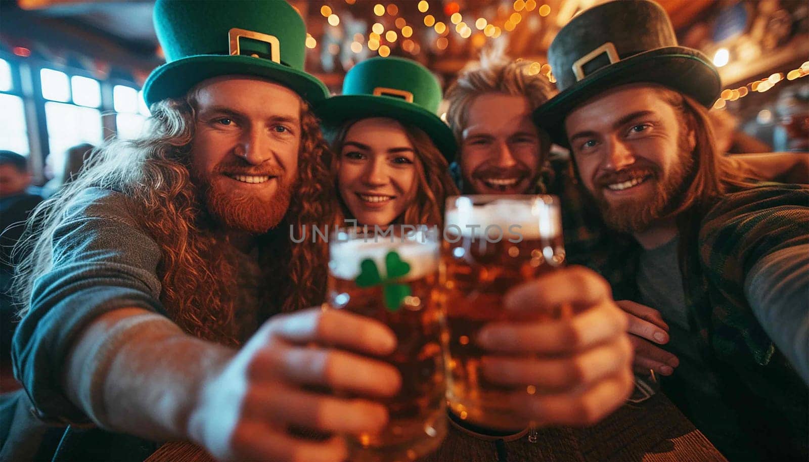 Friends celebrating St Patricks day with drinks in a bar. Saint Patrick Day party in pub with friends. Male friends getting drunk Irish Fetival Having fun