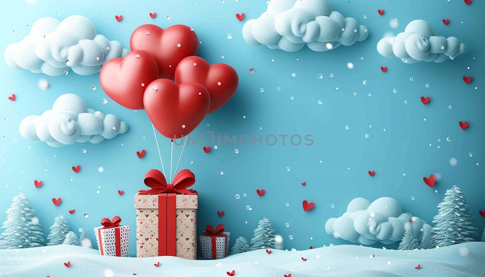 Valentine's day design. Realistic 3d pink gifts box in the clouds. Holiday banner, web poster, flyer, stylish brochure, greeting card, cover. Romantic background pastel background Copy space Happy Valentine's Day pastel