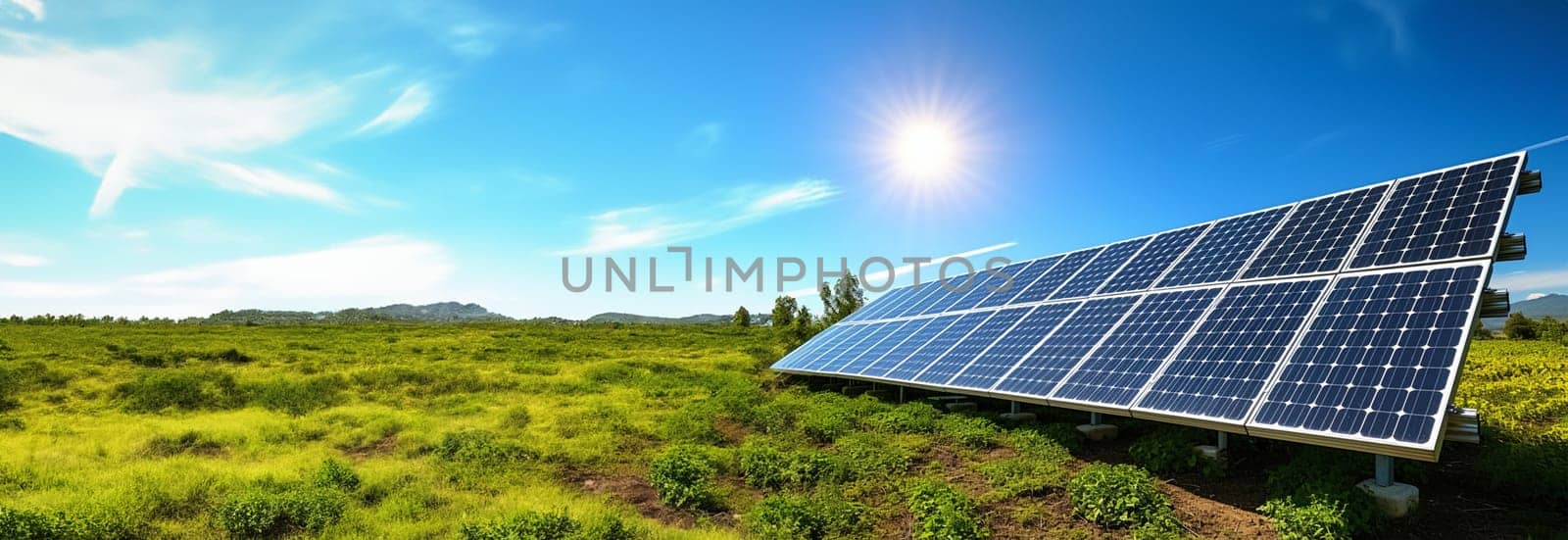 Solar power station with solar panels for producing electric power energy by green power. Technology and electrical industrial power plant concept. 3D illustration rendering blue sky