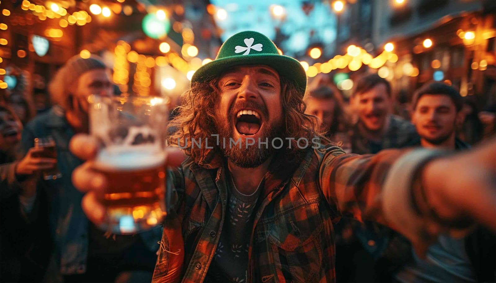 Friends celebrating St Patricks day with drinks in a bar. Saint Patrick Day party in pub with friends. Male friends getting drunk Irish Fetival Having fun