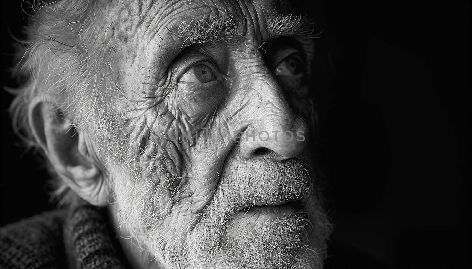 Old age. Beautiful serieus portrait of senior man looking away on black background. Copy space. Elderly human black and white beauty