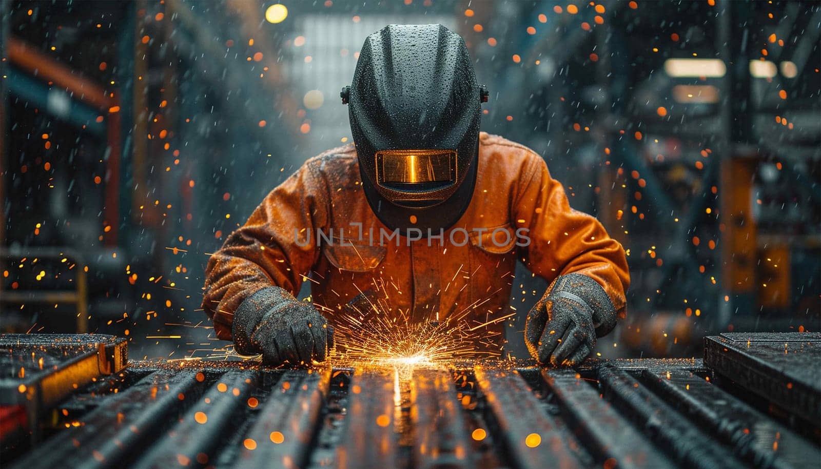 Proffessional welder at work. Handymen performing welding and grinding at their workplace in the workshop, while the sparks fly all around them, they wear a protective helmet and equipment. Sparkling lights bokeh