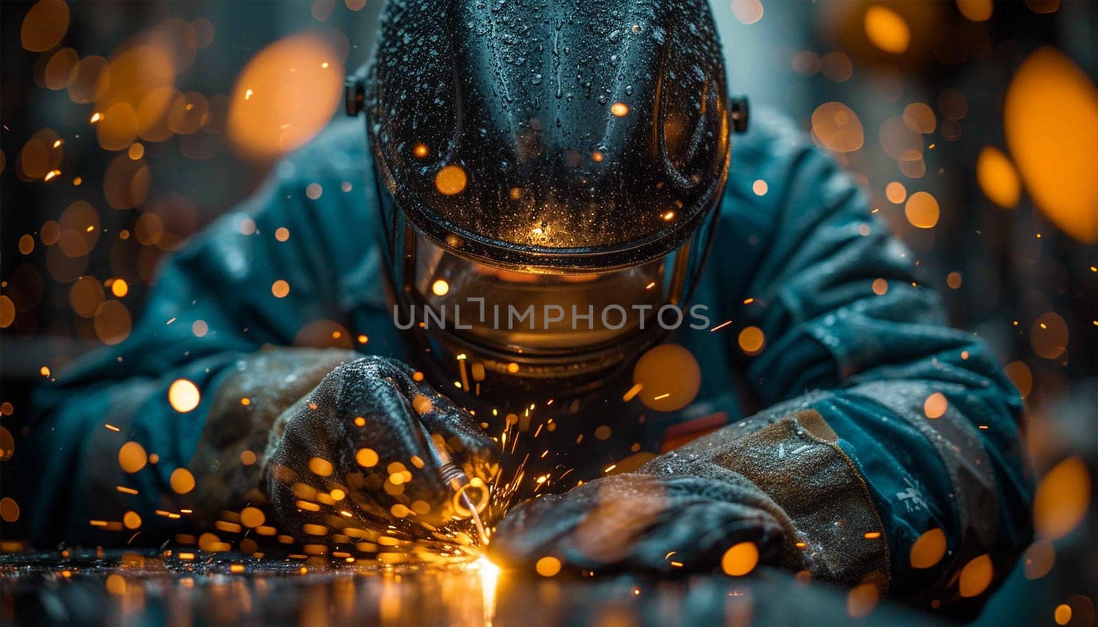 Proffessional welder at work. Handymen performing welding and grinding at their workplace in the workshop, while the sparks fly all around them, they wear a protective helmet and equipment. Sparkling lights bokeh