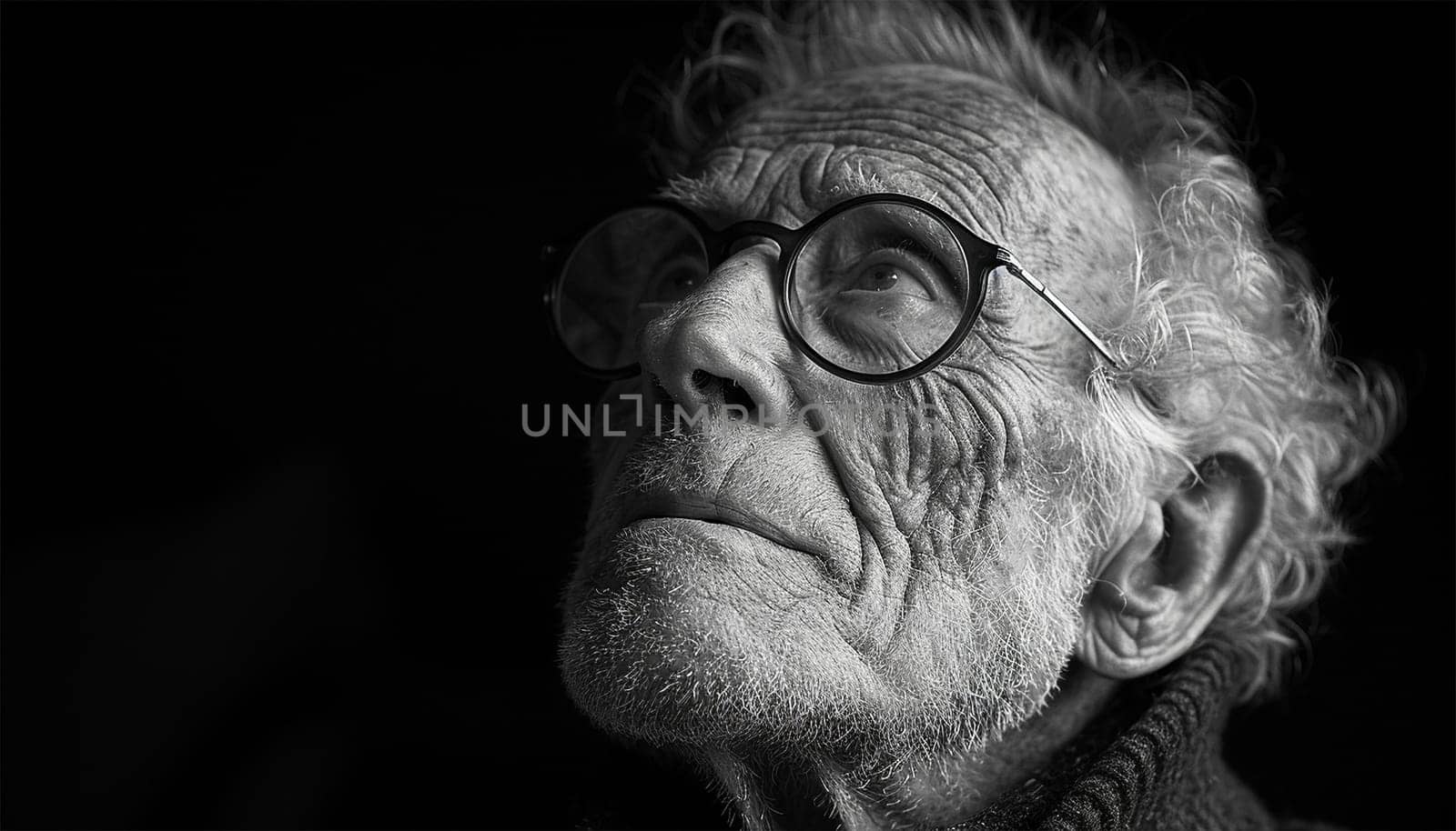 Old age. Beautiful serieus portrait of senior man looking away on black background. Copy space. Elderly human black and white beauty