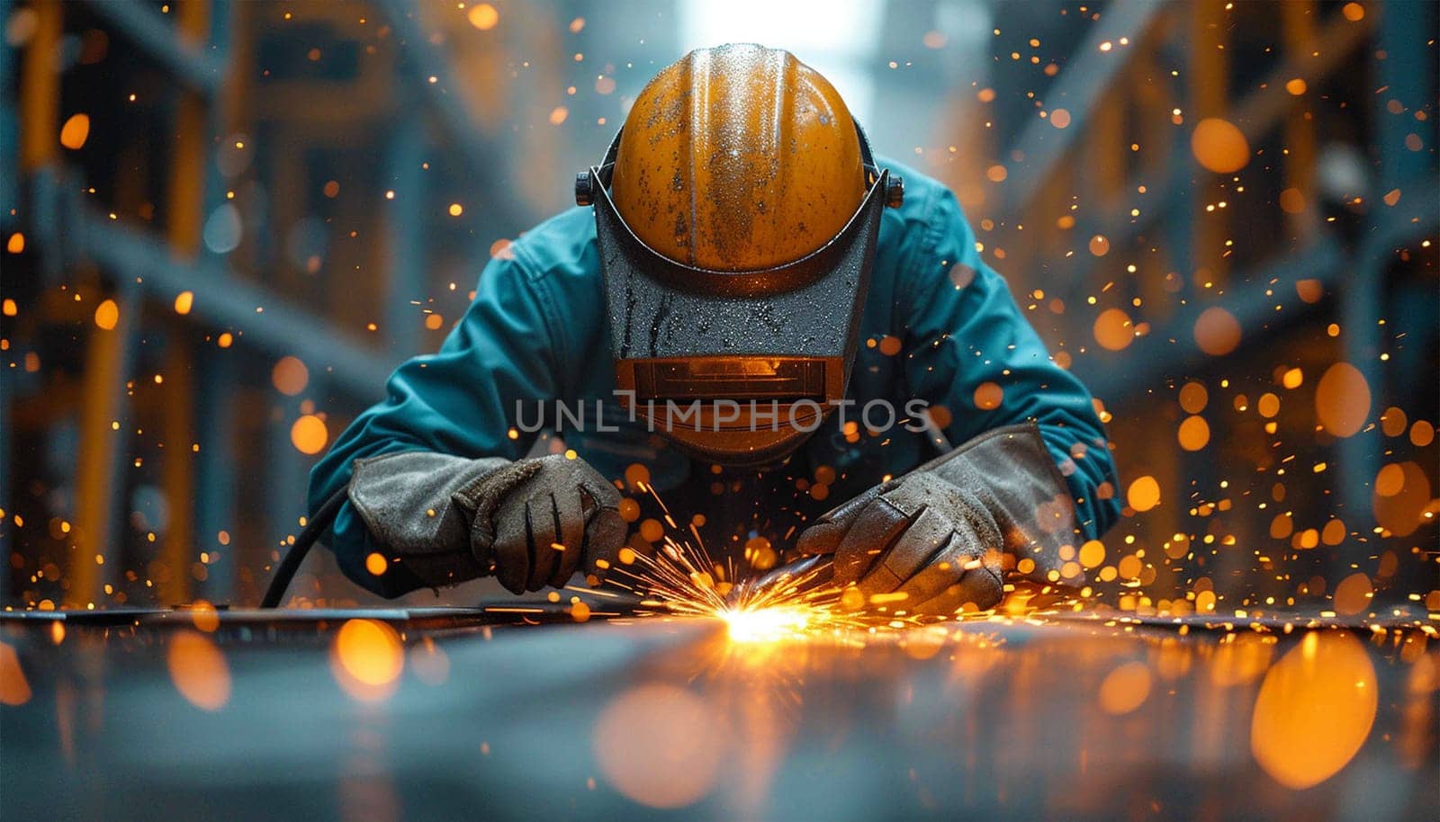 Proffessional welder at work. Handymen performing welding and grinding at their workplace in the workshop, while the sparks fly all around them, they wear a protective helmet and equipment. Sparkling lights bokeh