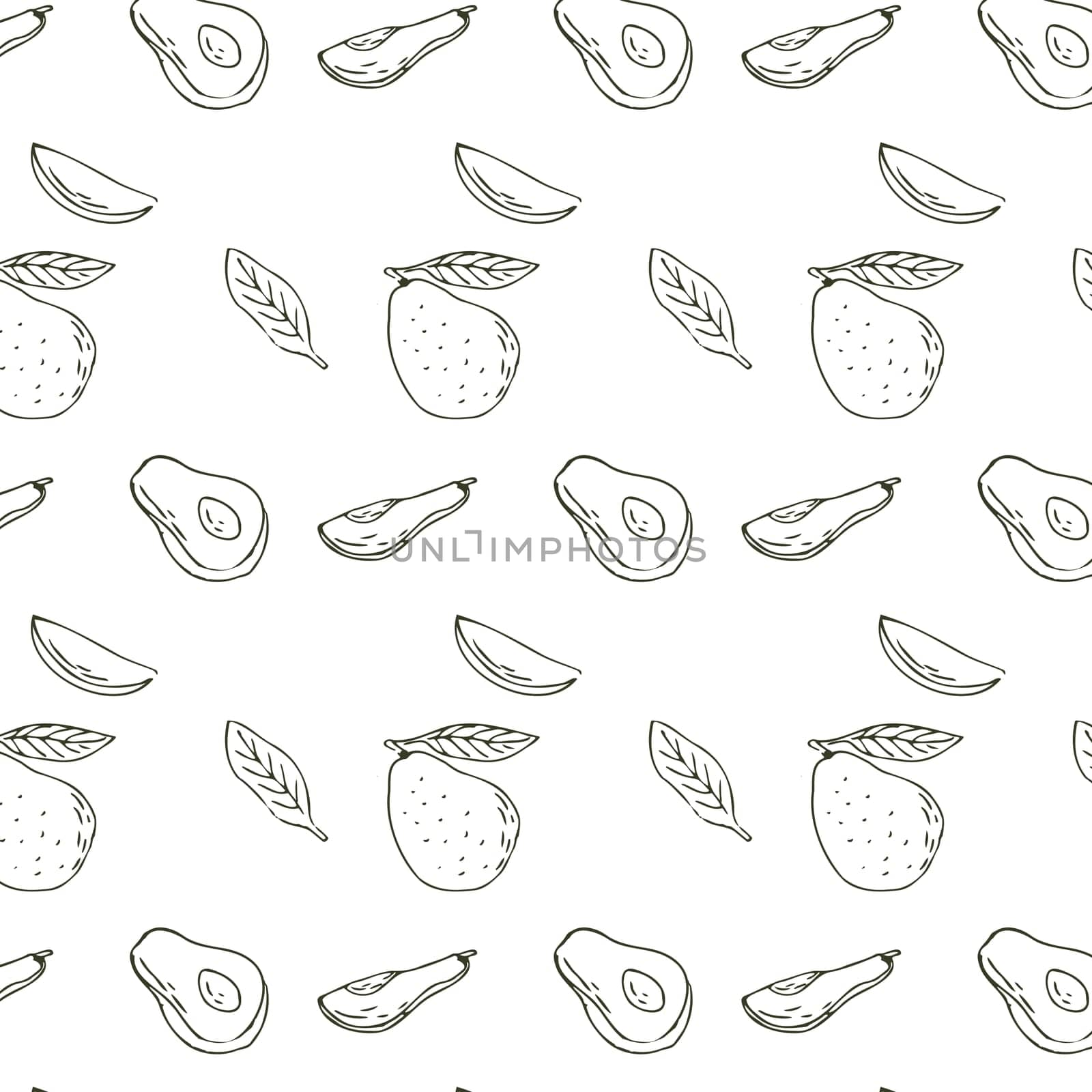 Sketch drawing pattern with avocado sliced, half and fruit with leaf. Vector illustration can used for wrapping paper, banner and cover design.