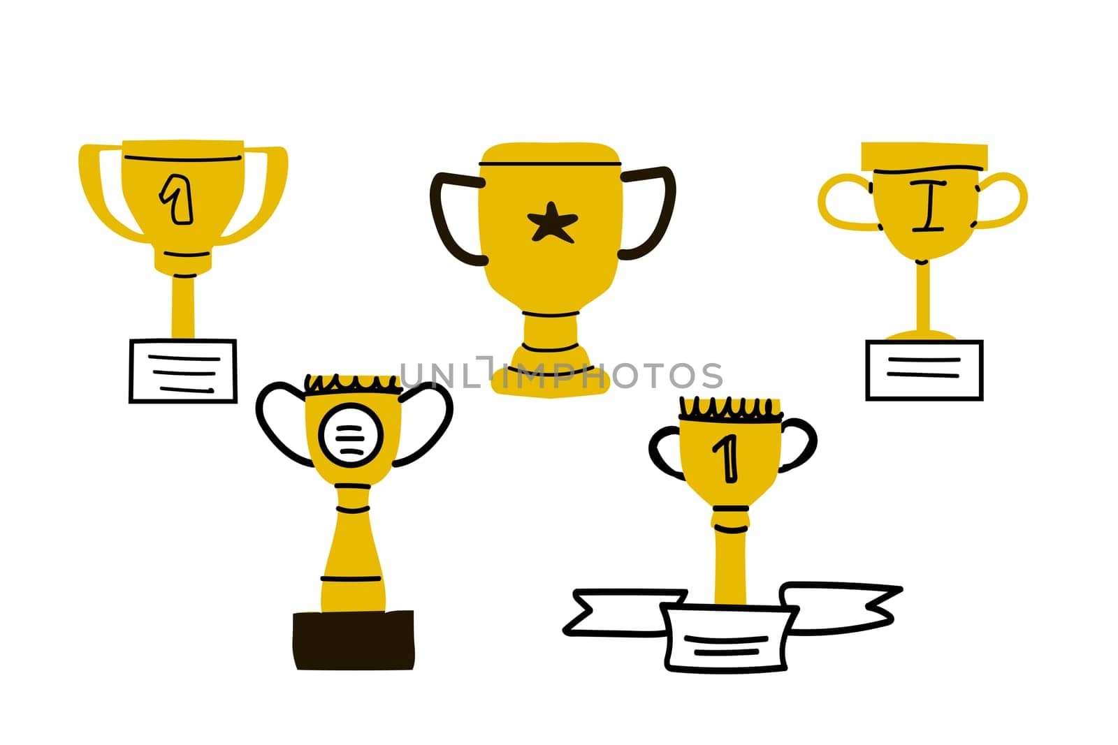 Set of Hand drawn doodle award 1 place golden cups icon isolated. Vector illustration can used for banner, label, card. Doodle drawing in yellow color.