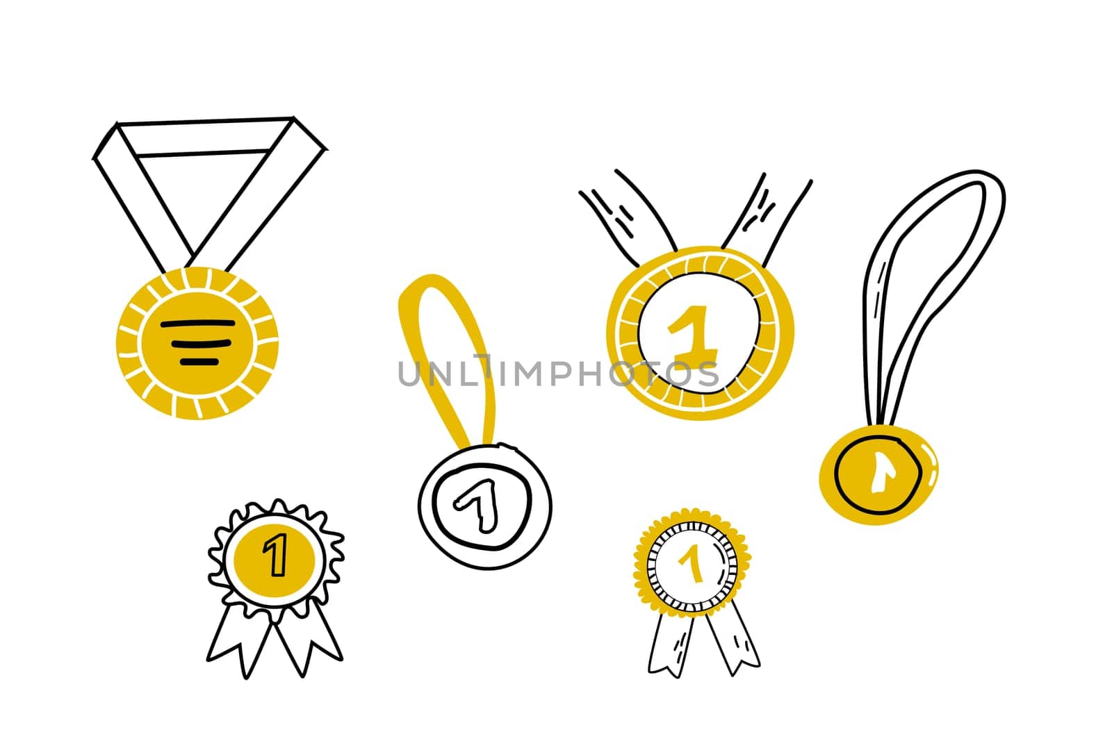 Doodle medal awards and pin icons - Hand drawn set. Vector illustration isolated. First place medal and awareness doodle illustration. Can used for label, banner, wrapping and packaging.