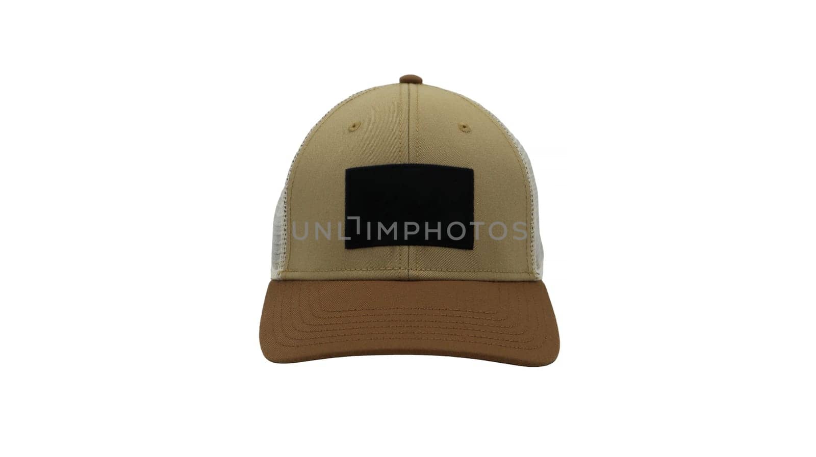 Basic baseball cap with mesh isolated on white background. Summer headdress in white, brown and beige. Mockup for your design, branding. A fashionable accessory with a large visor. Front view