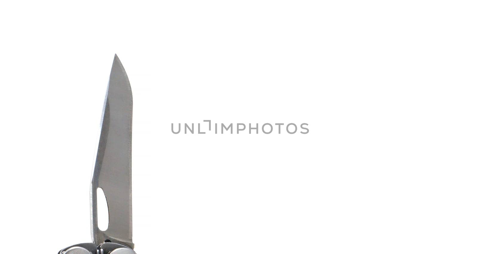 A steel multi-tool with an open knife blade lies on a white background. Pocket open folding knife. Portable multitasking multitool with many tools. EDC concept. A tool for daily practice. All in one