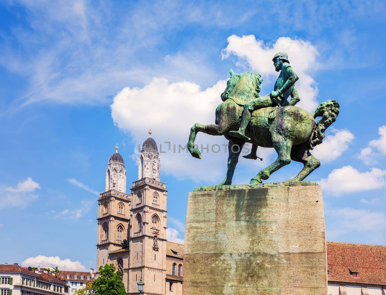 Medieval leader Hans Waldmann statue in the old center of Zurich, Switzerland.
