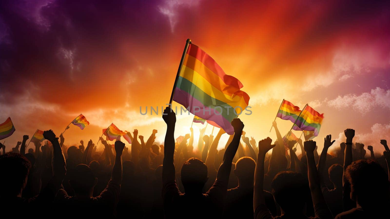 A diverse group of individuals enthusiastically hold flags in the air during a public gathering.