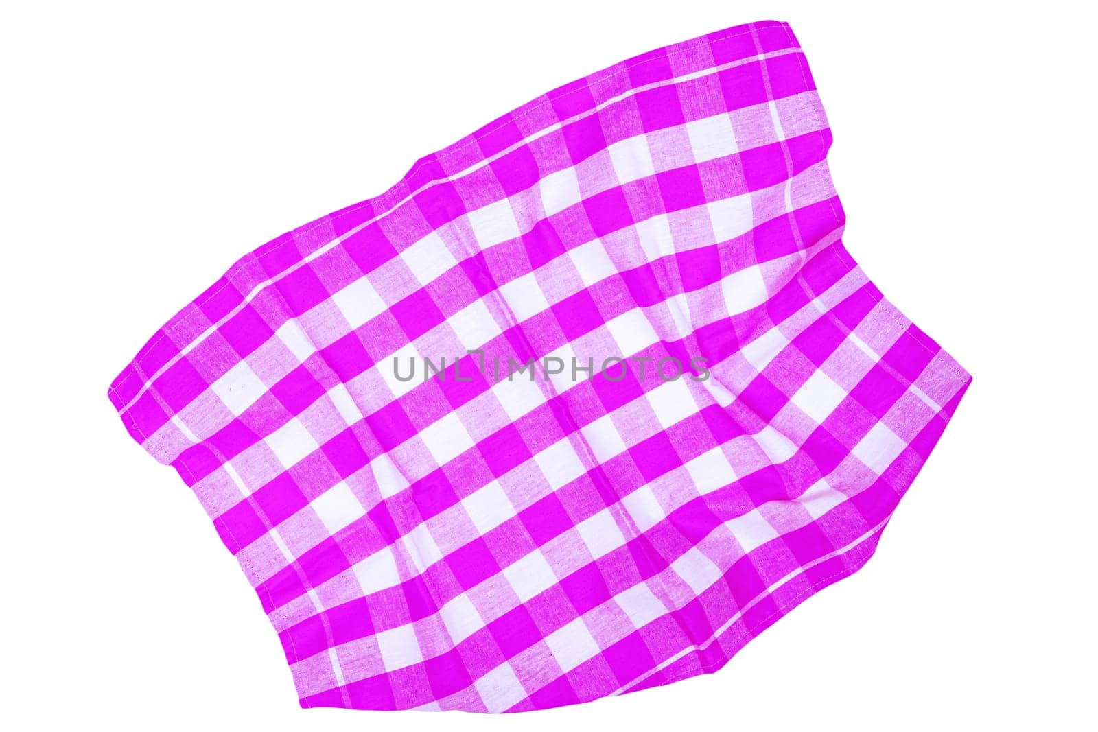 Closeup of a pink and white checkered napkin or tablecloth texture isolated on white background. Clipping path. Kitchen accessories.
