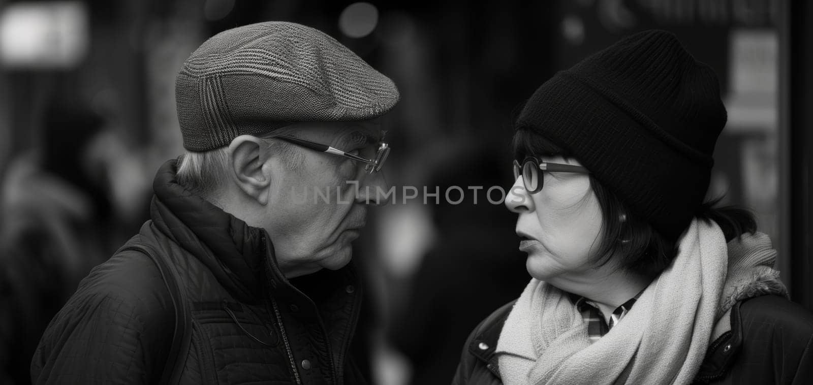 Intimate moment between two people in deep conversation on the city street, black and white