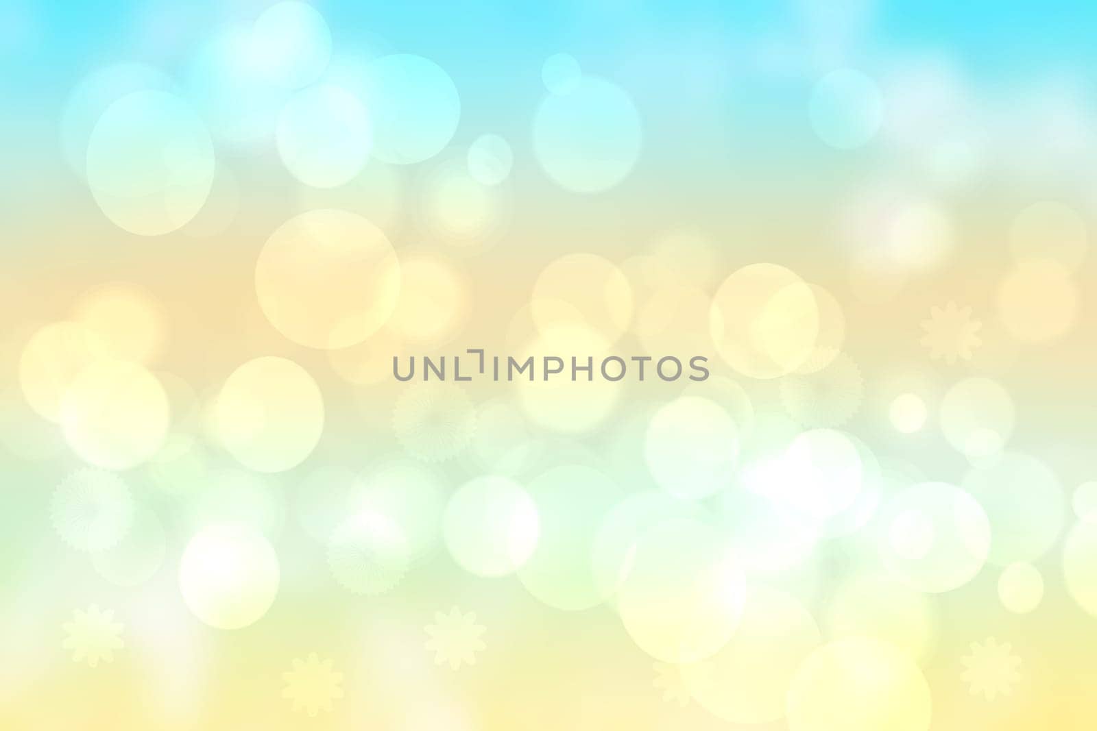 Abstract bright gradient motion spring or summer landscape texture background with natural gold yellow bokeh lights and blue bright sunny sky. Beautiful backdrop with space for design.