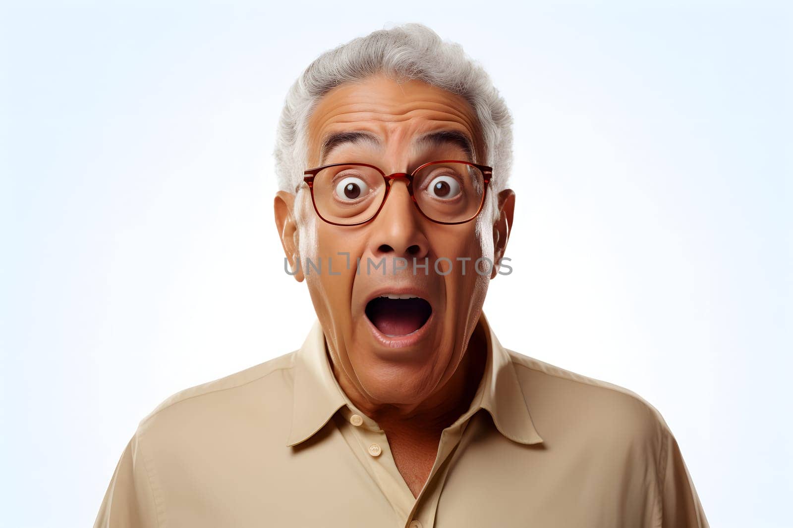 Surprised senior Latin American man on white background. Neural network generated image. Not based on any actual person or scene.