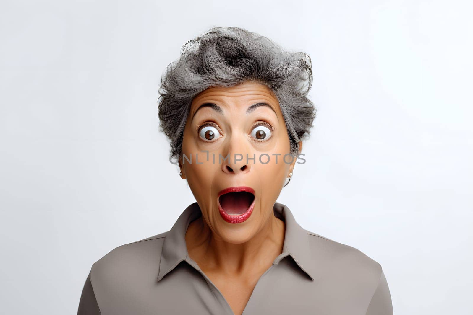 Surprised gray-haired Latin American woman on white background. Neural network generated image. Not based on any actual person or scene.