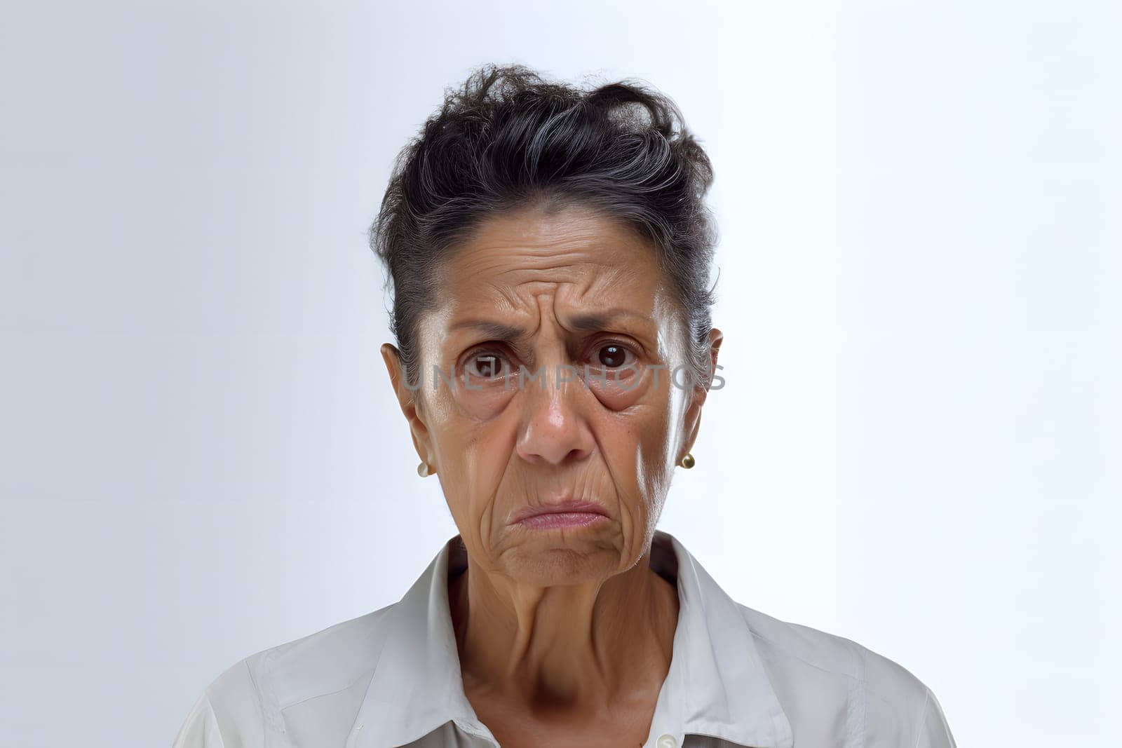 Sad crying senior Latin American woman portrait on white background. Neural network generated photorealistic image. Not based on any actual person or scene.