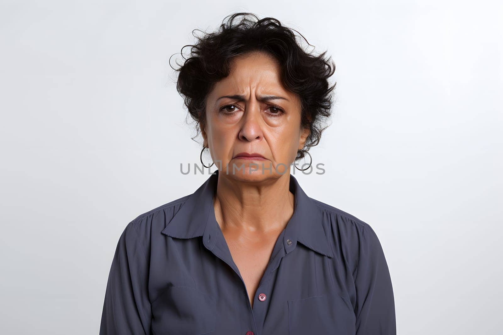 Sad crying senior Latin American woman portrait on white background. Neural network generated photorealistic image. Not based on any actual person or scene.