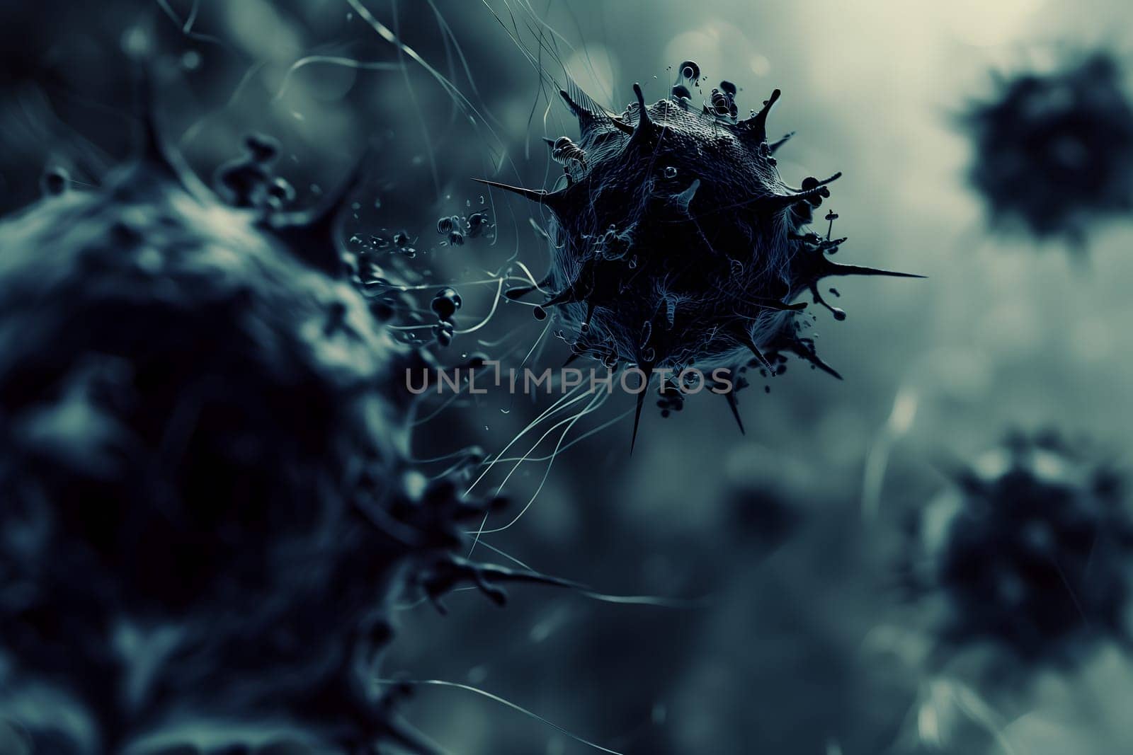 many black coronaviruses micro scene background. Neural network generated image. Not based on any actual scene or pattern.