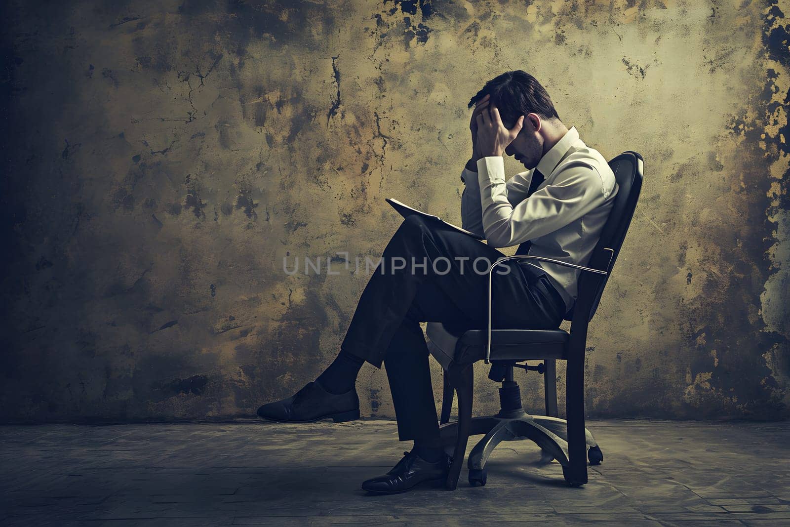 Businessman seated in his chair in frustration and stress. Neural network generated image. Not based on any actual person or scene.